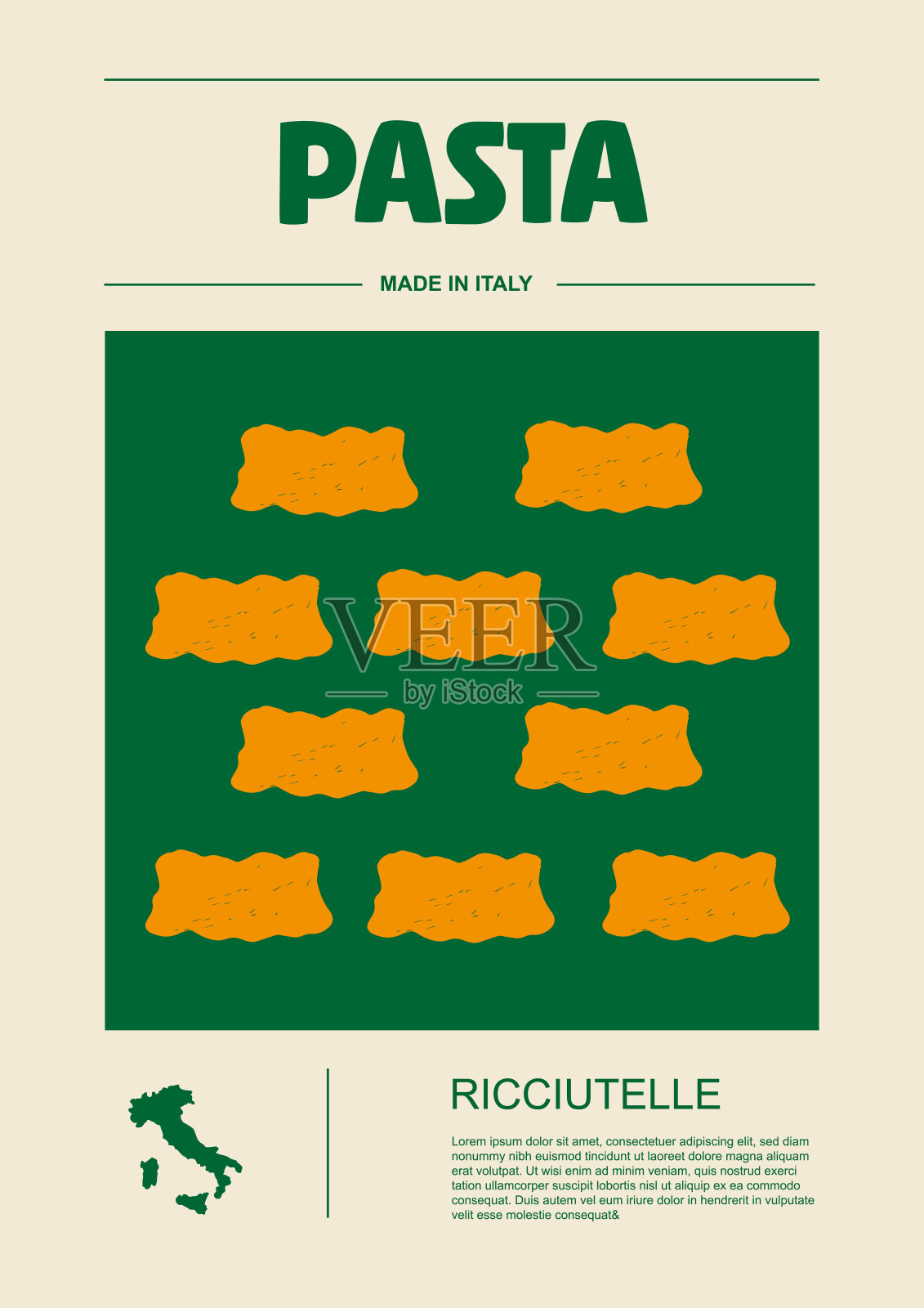 意大利通心面种类、包装标签设置。Ricciutelle面食。有机天然产品，烹饪菜肴的美食原料。手工制作，美味可口。平面样式矢量插画图片素材