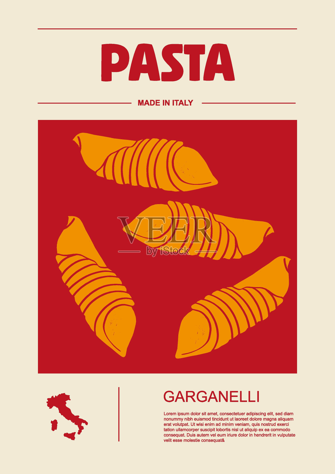 意大利通心面种类、包装标签设置。Garganelli面食。有机天然产品，烹饪菜肴的美食原料。手工制作，美味可口。平面样式矢量插画图片素材
