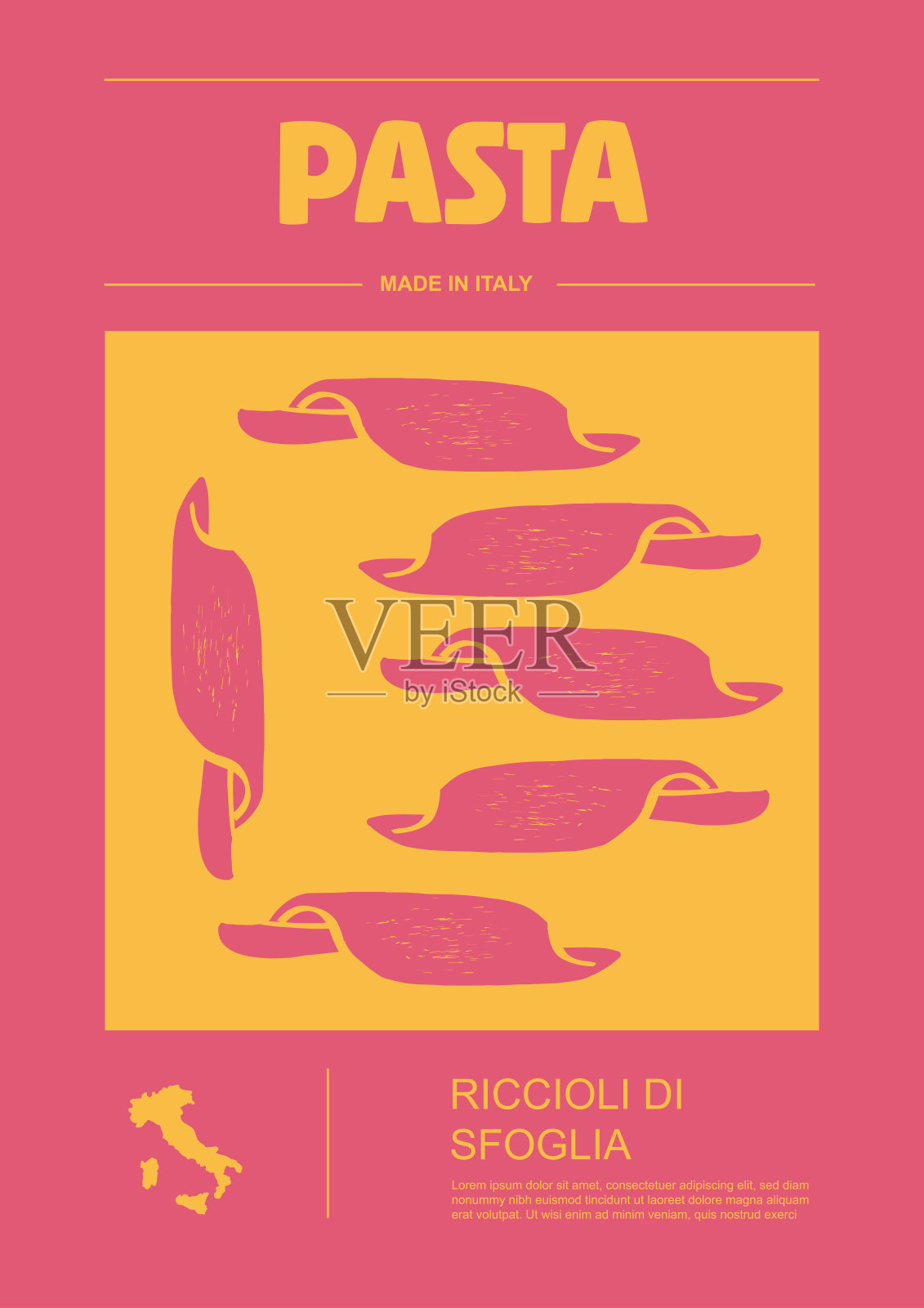 意大利通心面种类、包装标签设置。意大利面。有机天然产品，烹饪菜肴的美食原料。手工制作，美味可口。平面样式矢量插画图片素材