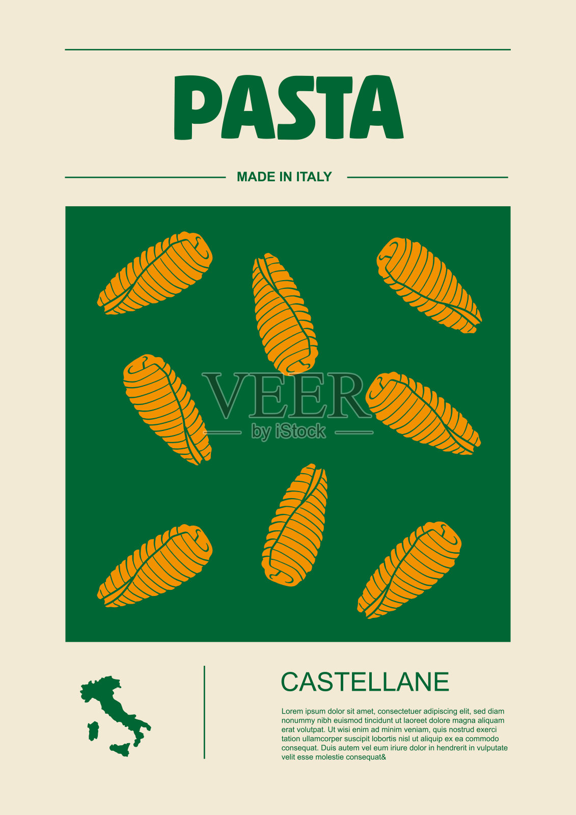 意大利通心面种类、包装标签设置。Castellane面食。有机天然产品，烹饪菜肴的美食原料。手工制作，美味可口。平面样式矢量插画图片素材