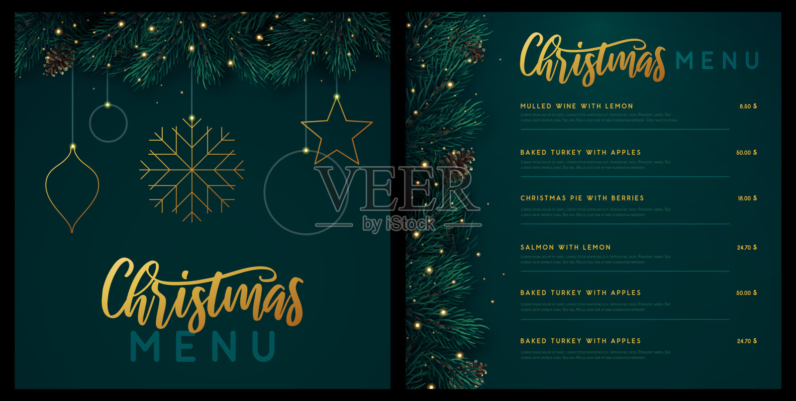餐厅圣诞假期菜单设计与圣诞花环祖母绿的背景。矢量图插画图片素材