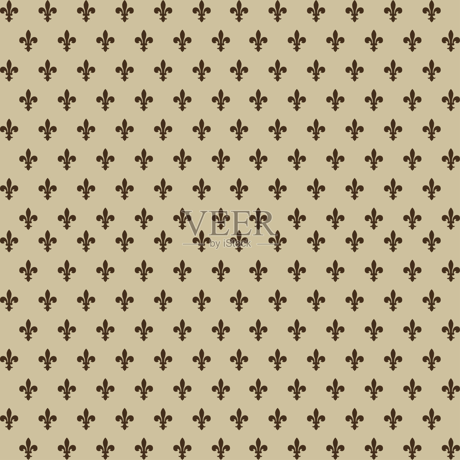 皇家百合花的无缝图案。纹章花排列成棋盘图案。棕色和米色。插着草。矢量插图隔离的背景设计和网络。插画图片素材