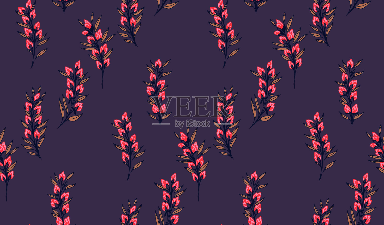 无缝极简、抽象，枝叶上有细小的嫩芽花朵图案。矢量手绘草图。优雅的创意复古印花。模板设计，纺织，时尚，面料，室内装饰，壁纸，插画图片素材