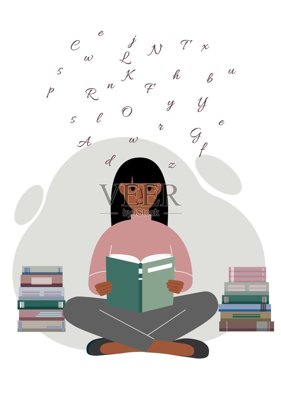 一个女人盘腿坐着看书，他周围有很多书。插画图片素材