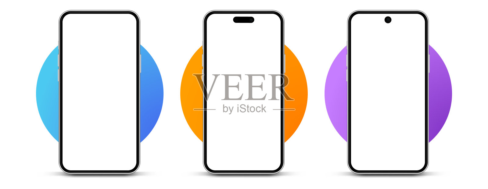 3D逼真的高质量智能手机模型与孤立的背景。智能手机模型收集。设备前视图。3D手机与阴影在白色背景。插画图片素材