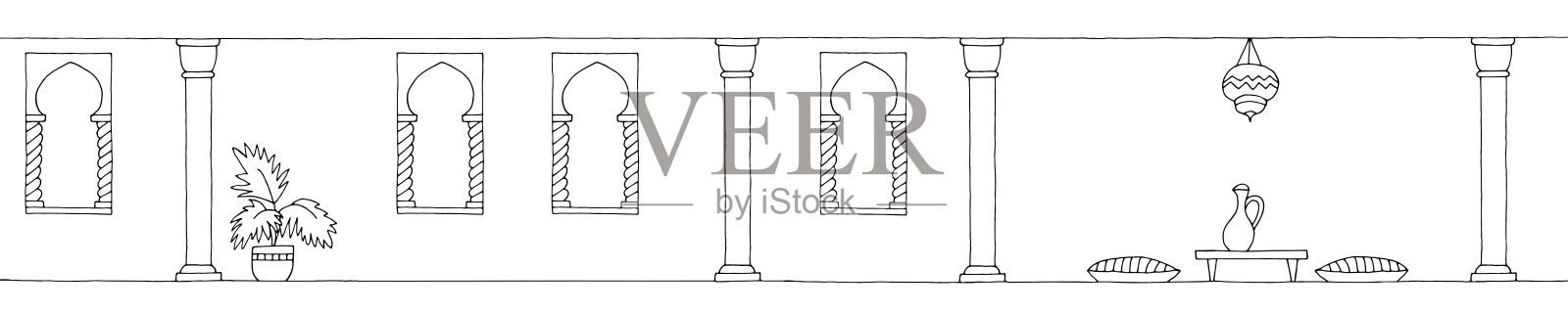 空房间阿拉伯风格图形黑白家居室内素描插图矢量插画图片素材