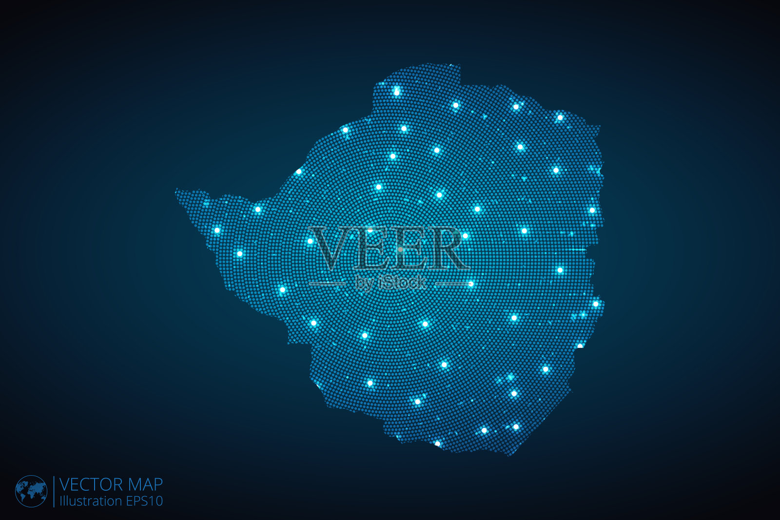 津巴布韦地图采用未来主义风格的放射状星点图案，设计蓝色圆形发光的星星轮廓。深蓝色背景上的交流概念插画图片素材