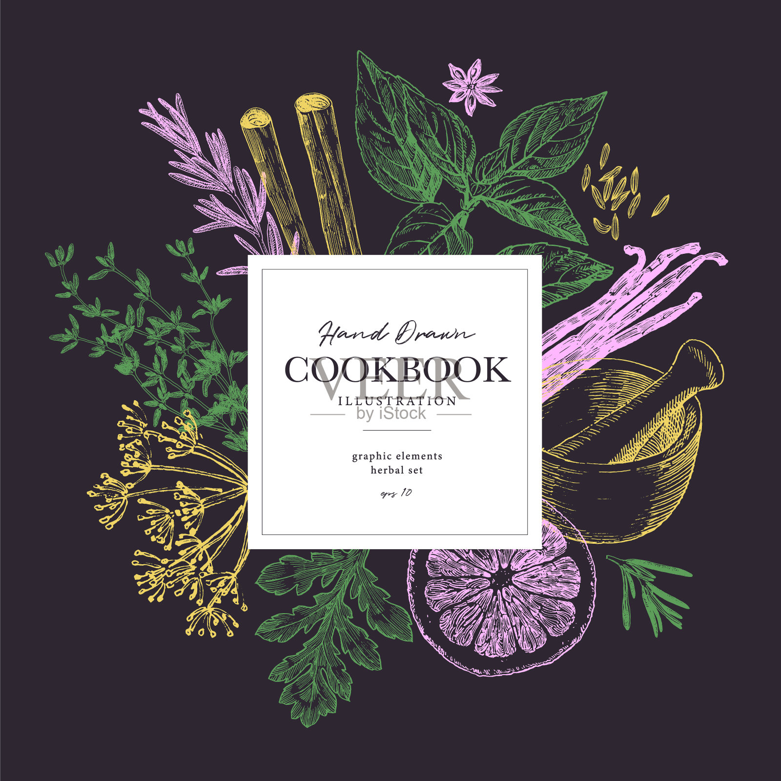 水平横幅烹饪书黑板，草药和香料边界模板插画图片素材