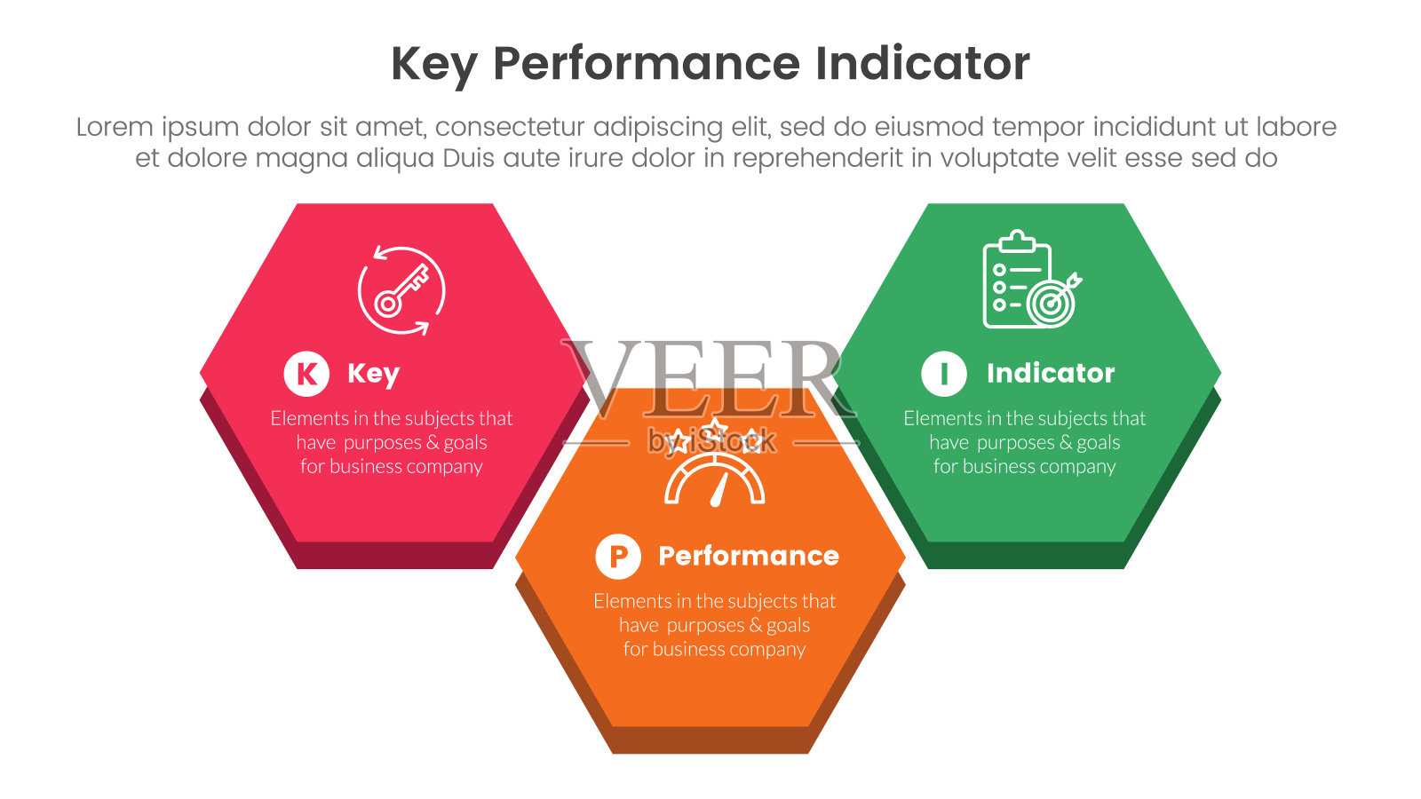 关键绩效指标信息图3点舞台模板与大六角形上下形状幻灯片演示插画图片素材