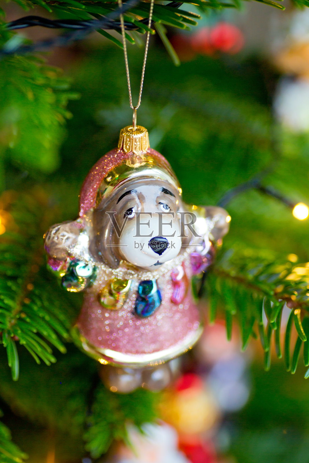 美丽的圣诞装饰-狗与仙女灯照片摄影图片