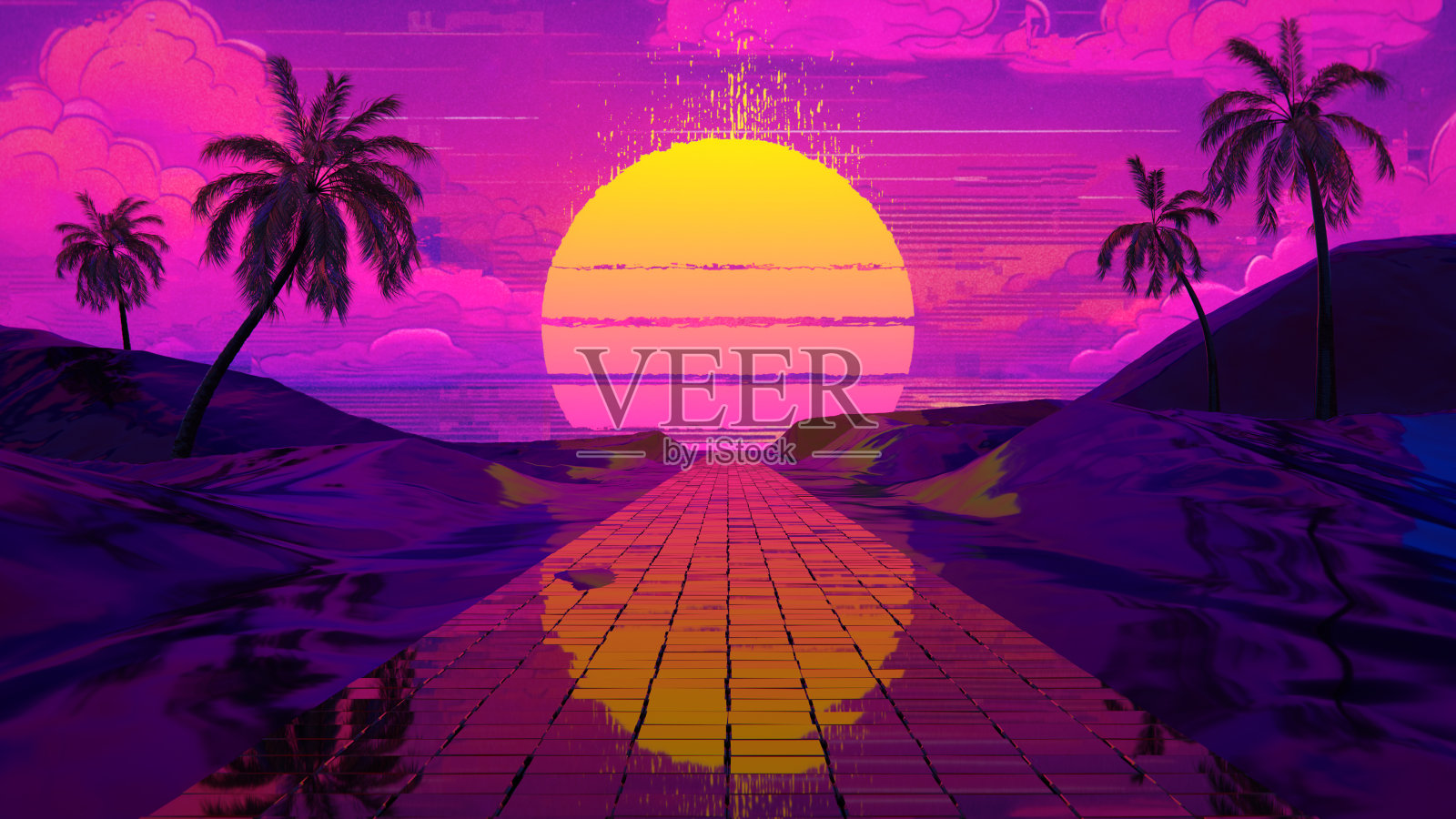 具有故障和数字噪声效果的合成波景观3D渲染照片摄影图片