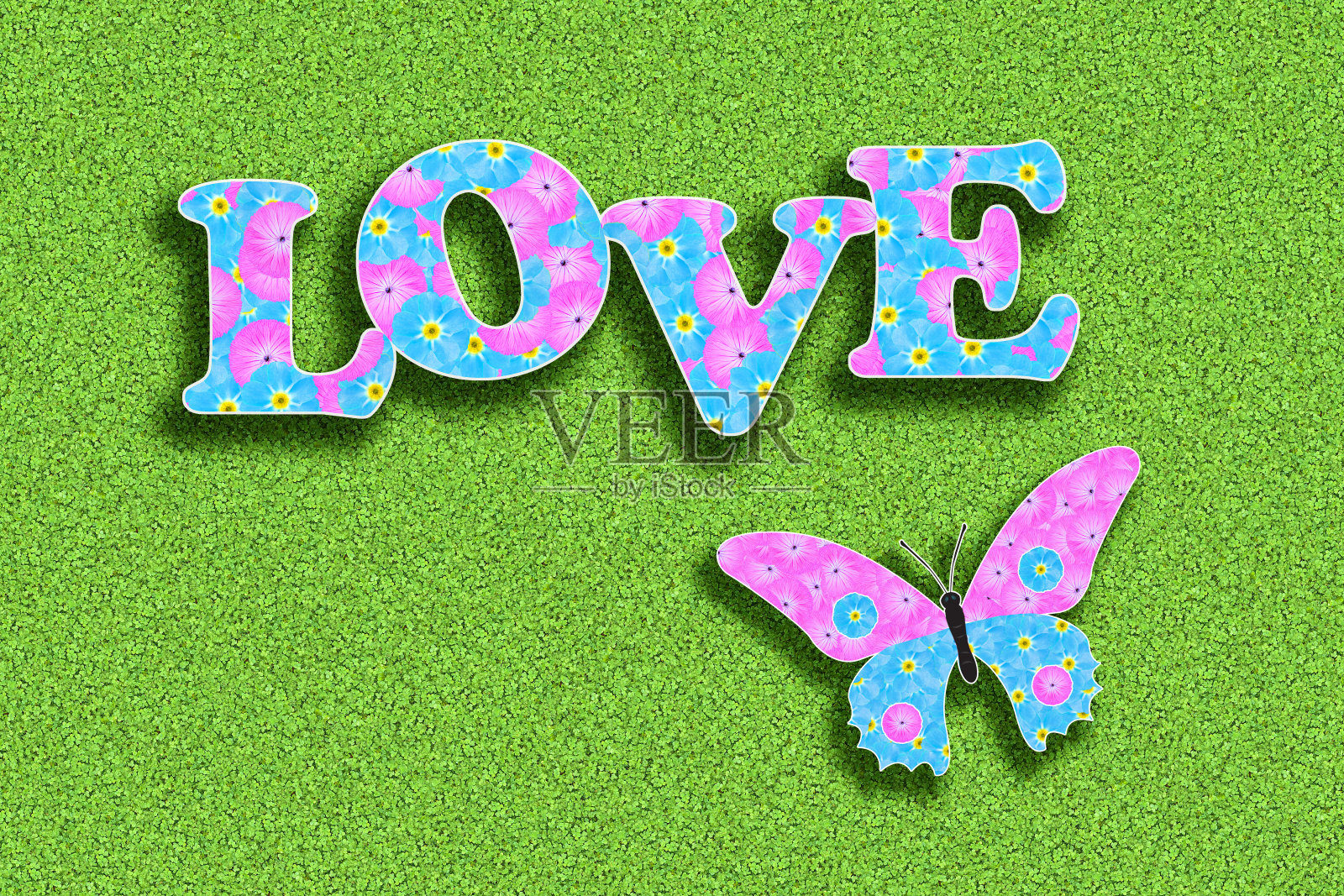 “爱”这个词，用粉红色和浅蓝色的花朵写着照片摄影图片
