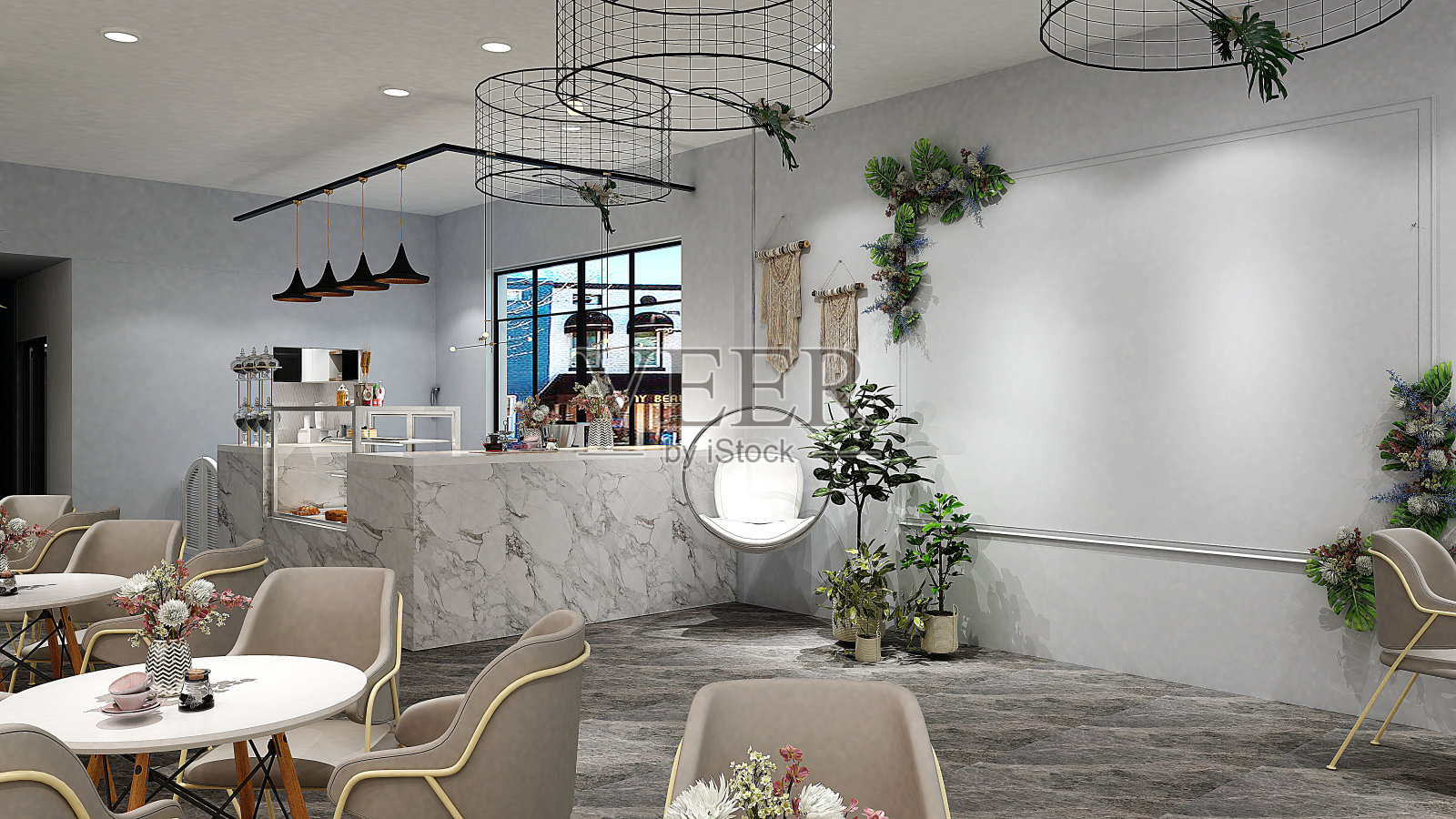 自助餐厅和餐厅的3D渲染照片摄影图片