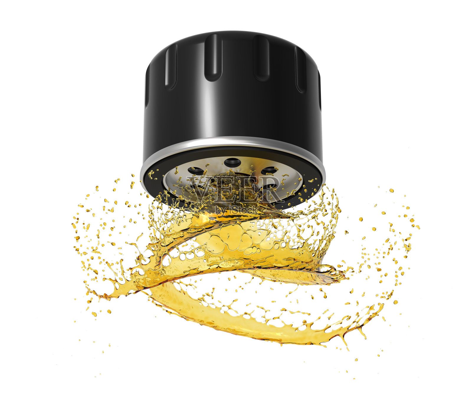 汽车机油滤清器与油溅在白色背景。汽车机油保养概念。汽车发动机油滤清器。照片摄影图片