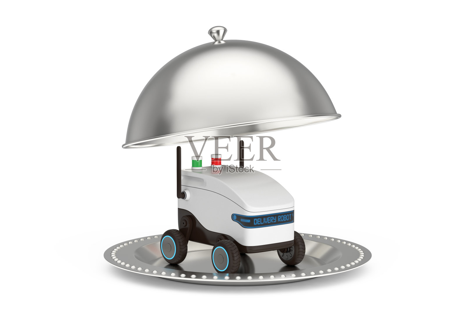 银色餐厅时钟中的人工智能服务交付机器人无人机。3d渲染照片摄影图片