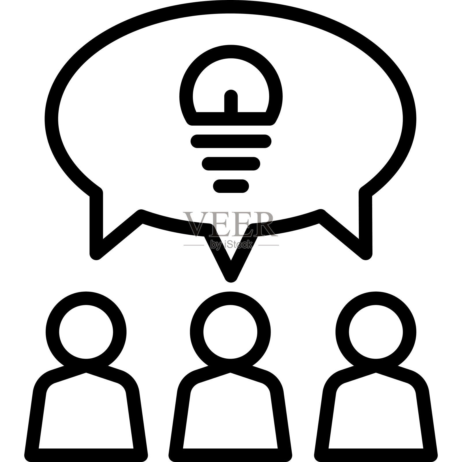 想法分享细线图标。一群人正在进行头脑风暴。团队合作。用灯泡说话。现代矢量插图。插画图片素材