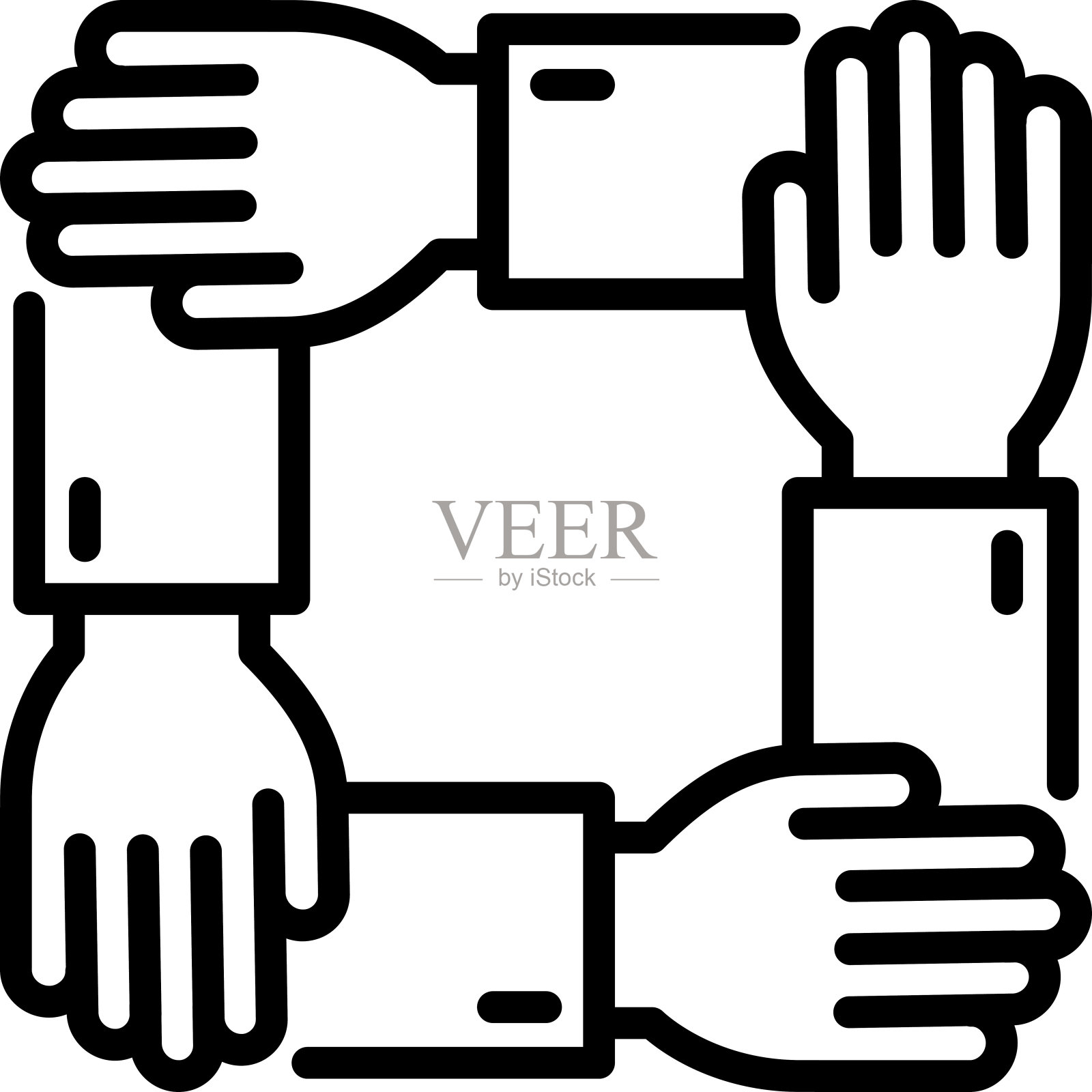 团队合作、团结、信任、企业合作。细线图标。四只手握着对方的手腕。现代矢量插图。插画图片素材