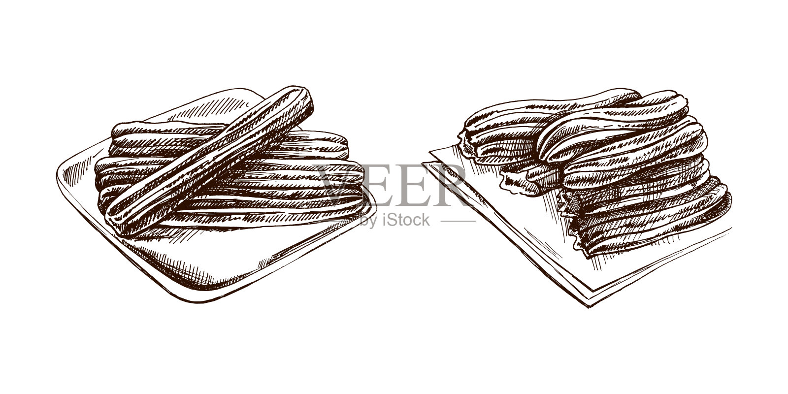 手绘一套素描风格的画卷。墨西哥甜点的复古画。矢量黑色墨水轮廓食品插图。墨西哥菜，美食。菜单的插图。拉丁美洲。插画图片素材