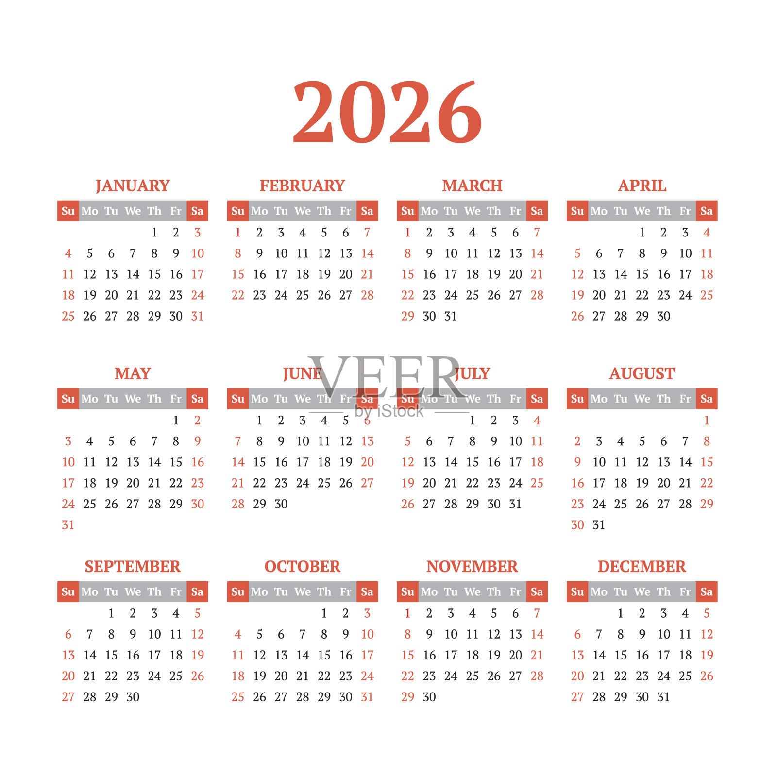 2026年的简单矢量日历。周日开始插画图片素材