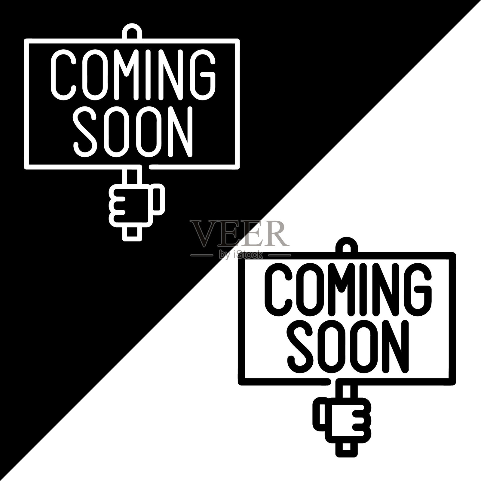 即将到来的矢量图标，线性风格的图标，从工作进展图标集合，在黑白背景上隔离。插画图片素材