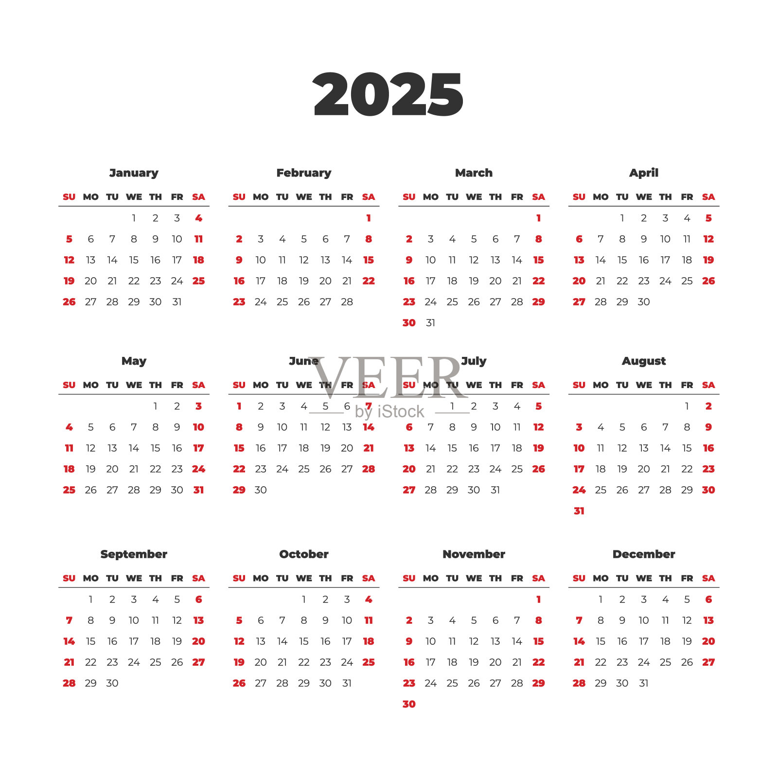 简单的矢量日历上2025。周日开始插画图片素材