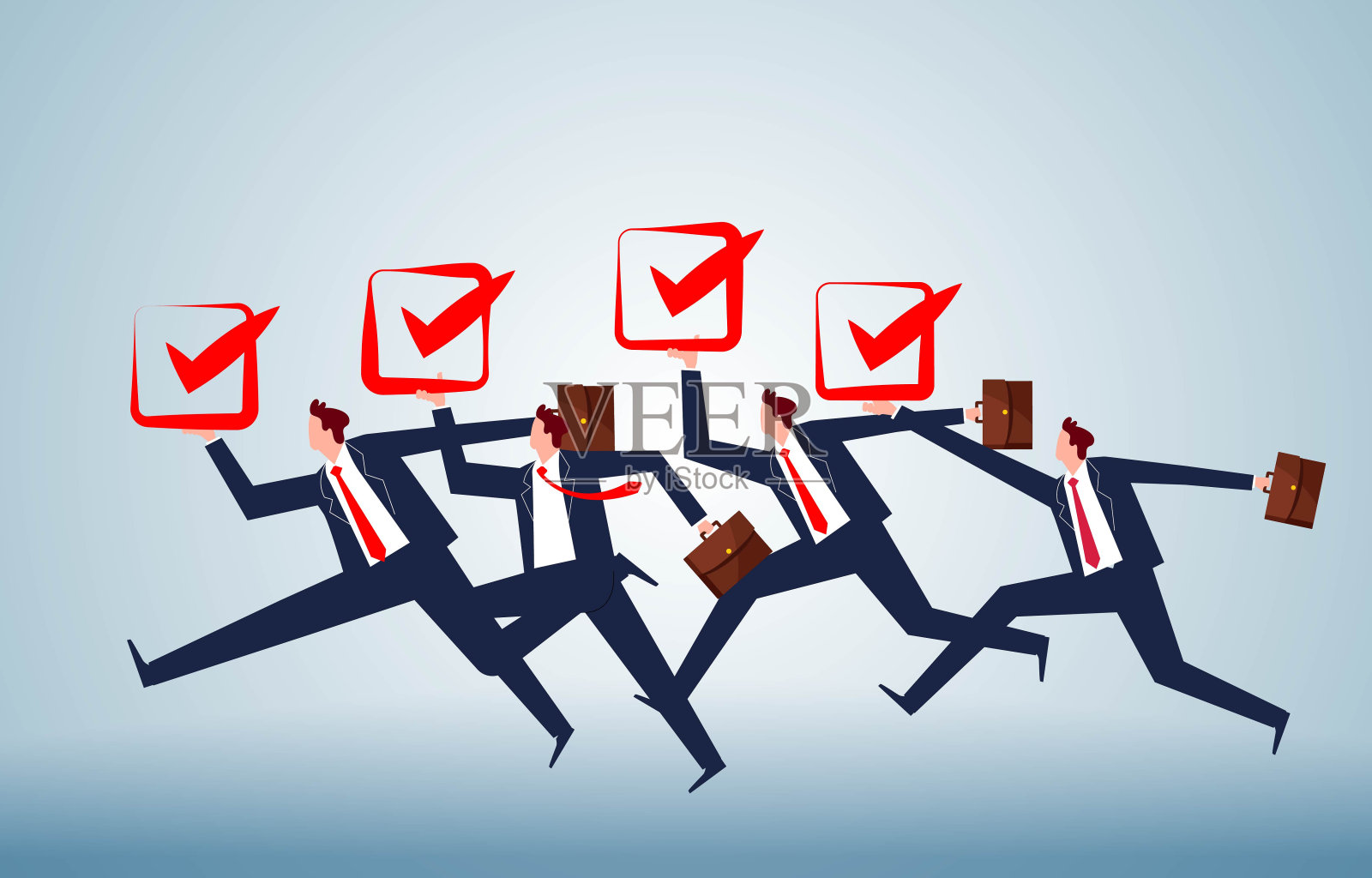 完成任务、任务或问卷，高效、高质量地完成每一天的工作，商人带着复选框跑着等待完成插画图片素材