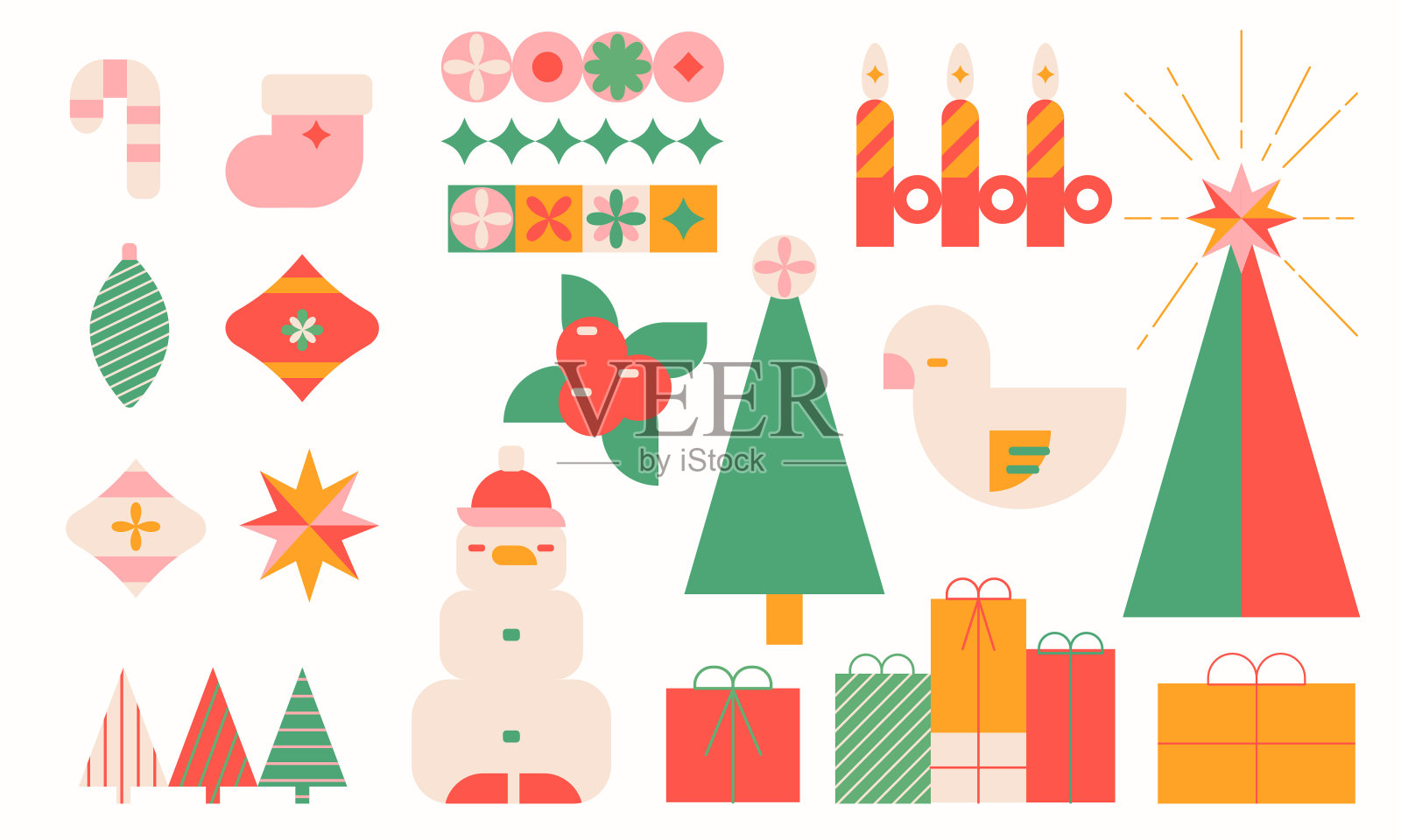圣诞现代设计元素，节日礼物，蜡烛，圣诞树，袜子，雪人，圣诞装饰。几何插画图片素材