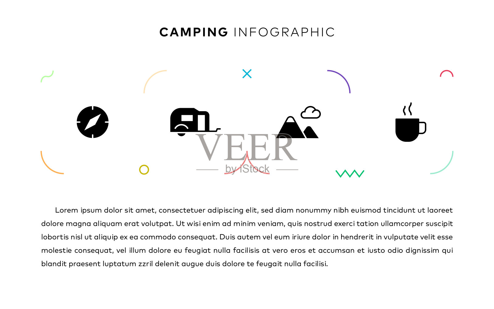 露营概念信息图设计与简单的固体图标。这种信息图表设计适用于网站、演示文稿、杂志和小册子。插画图片素材