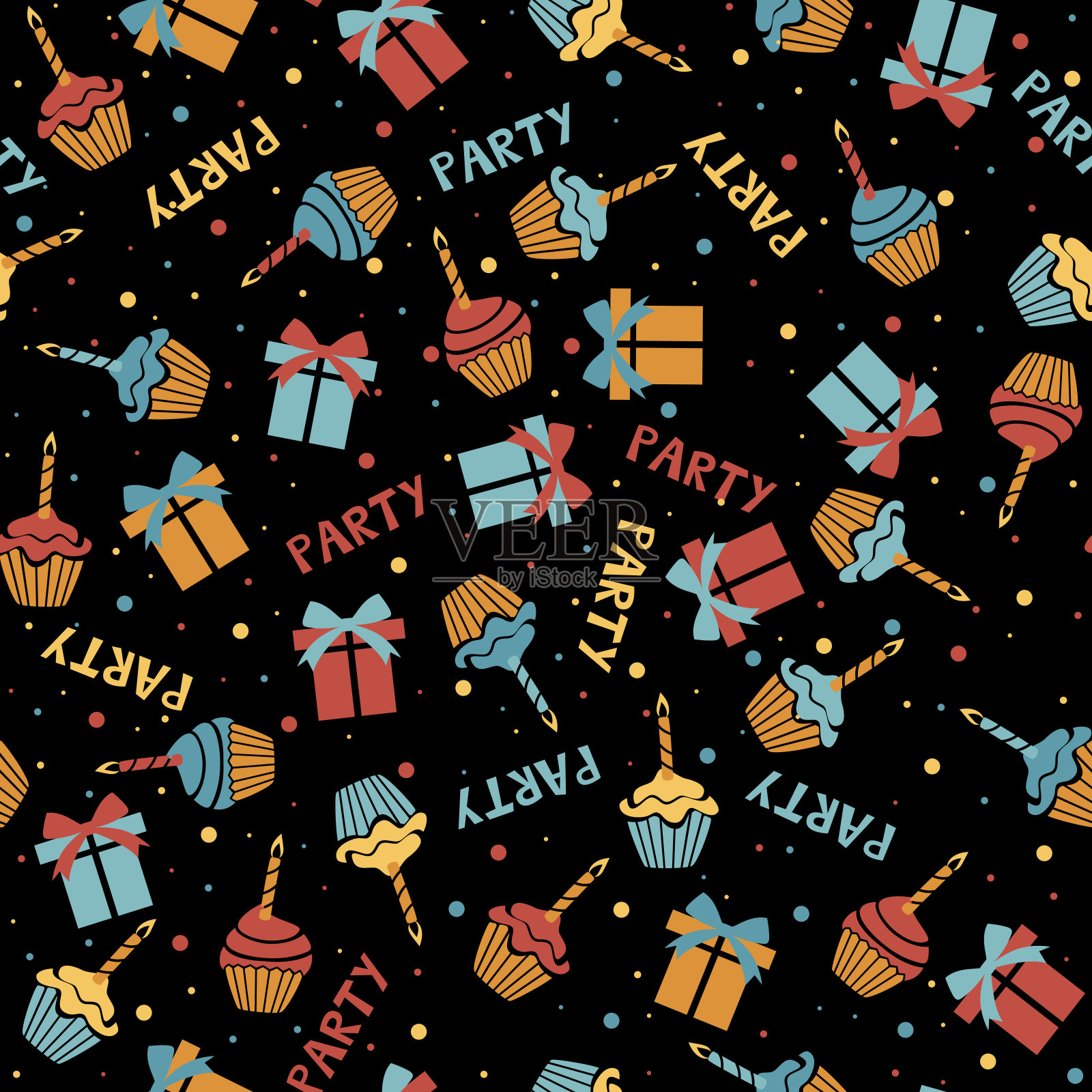 生日蛋糕，礼品盒，平面矢量无缝图案。为聚会手绘的背景。插画图片素材