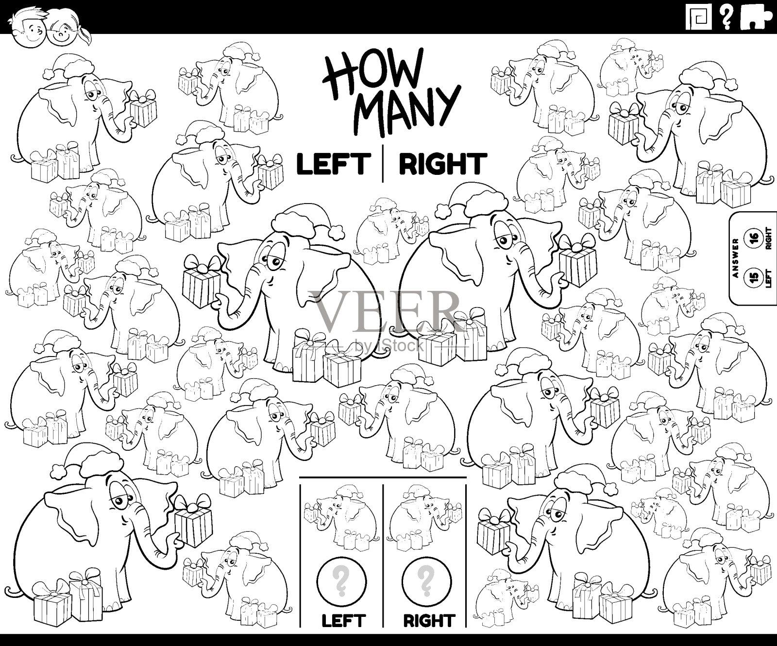 用圣诞礼物涂色页计算大象的左右插画图片素材