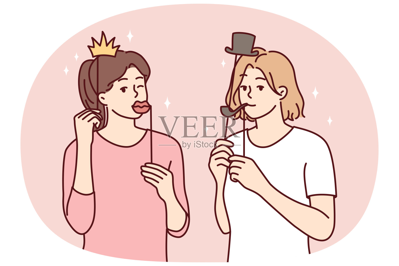 在家庭聚会或节日狂欢节上，带着滑稽面具拍照的女友。矢量图插画图片素材