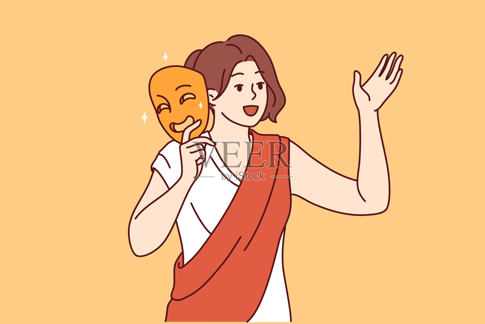 穿着古色古香服装的女演员在戏剧演出中戴着面具表演独白插画图片素材