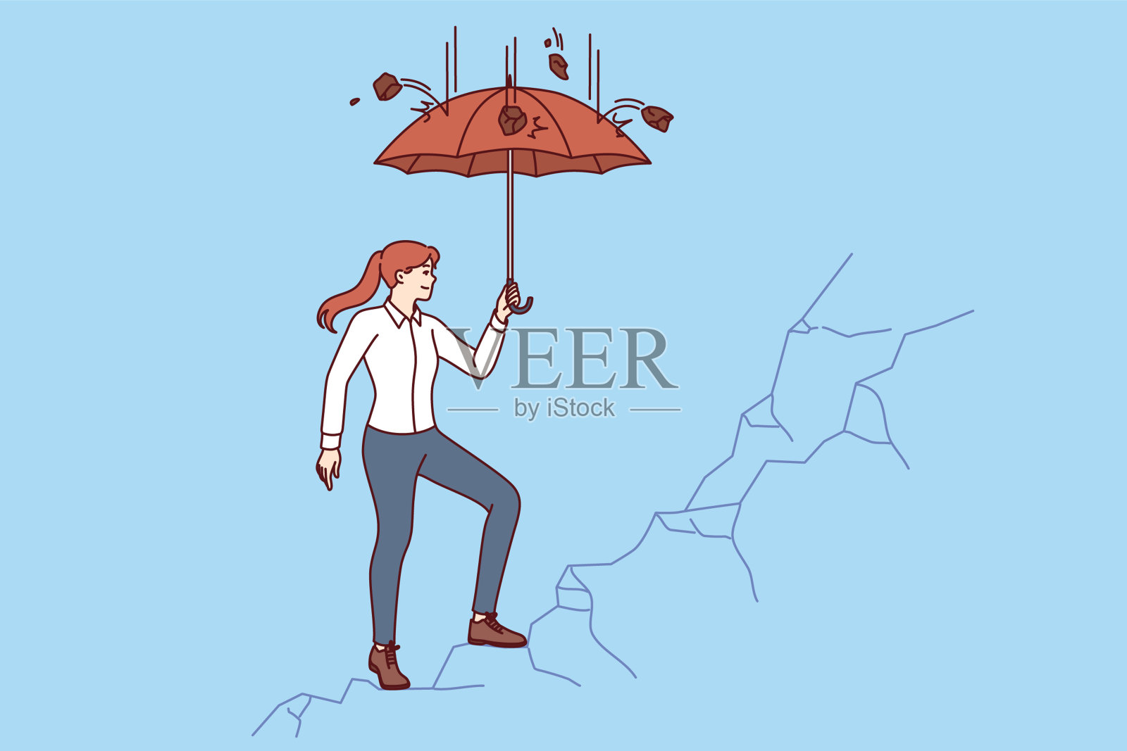 女商人攀爬悬崖用伞保护自己不被落下的石头砸到插画图片素材