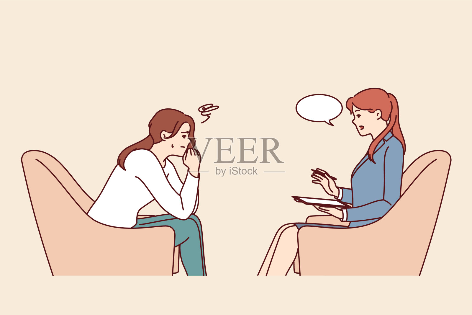 女人咨询心理医生摆脱精神困扰，坐在心理治疗师对面的椅子上插画图片素材