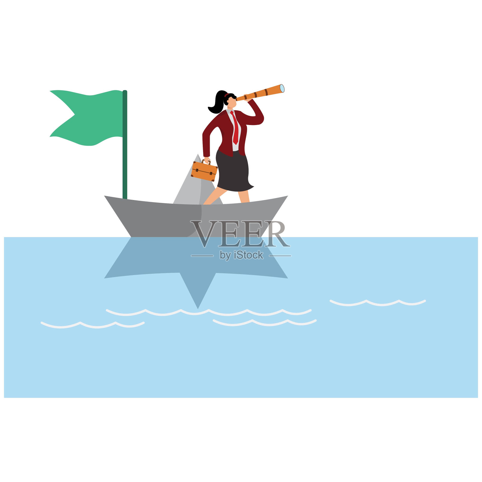 发现大洋的另一边，一位女商人乘着纸船在海上远眺插画图片素材