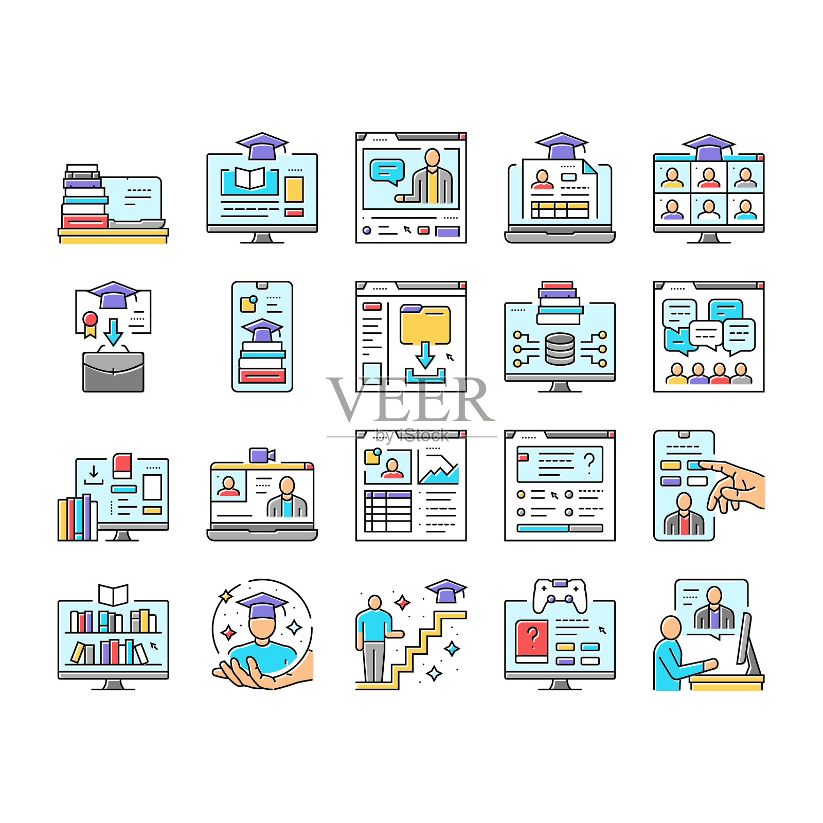 在线学习平台网站图标集矢量插画图片素材