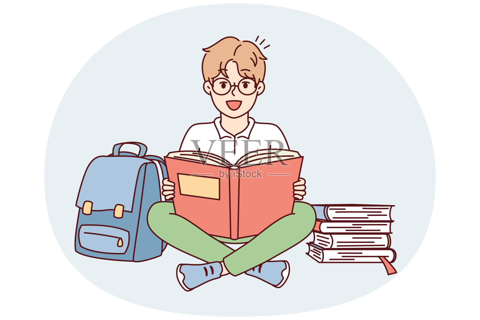 积极的男生盘腿坐在地板上，旁边是背包和成堆的课本。矢量图插画图片素材