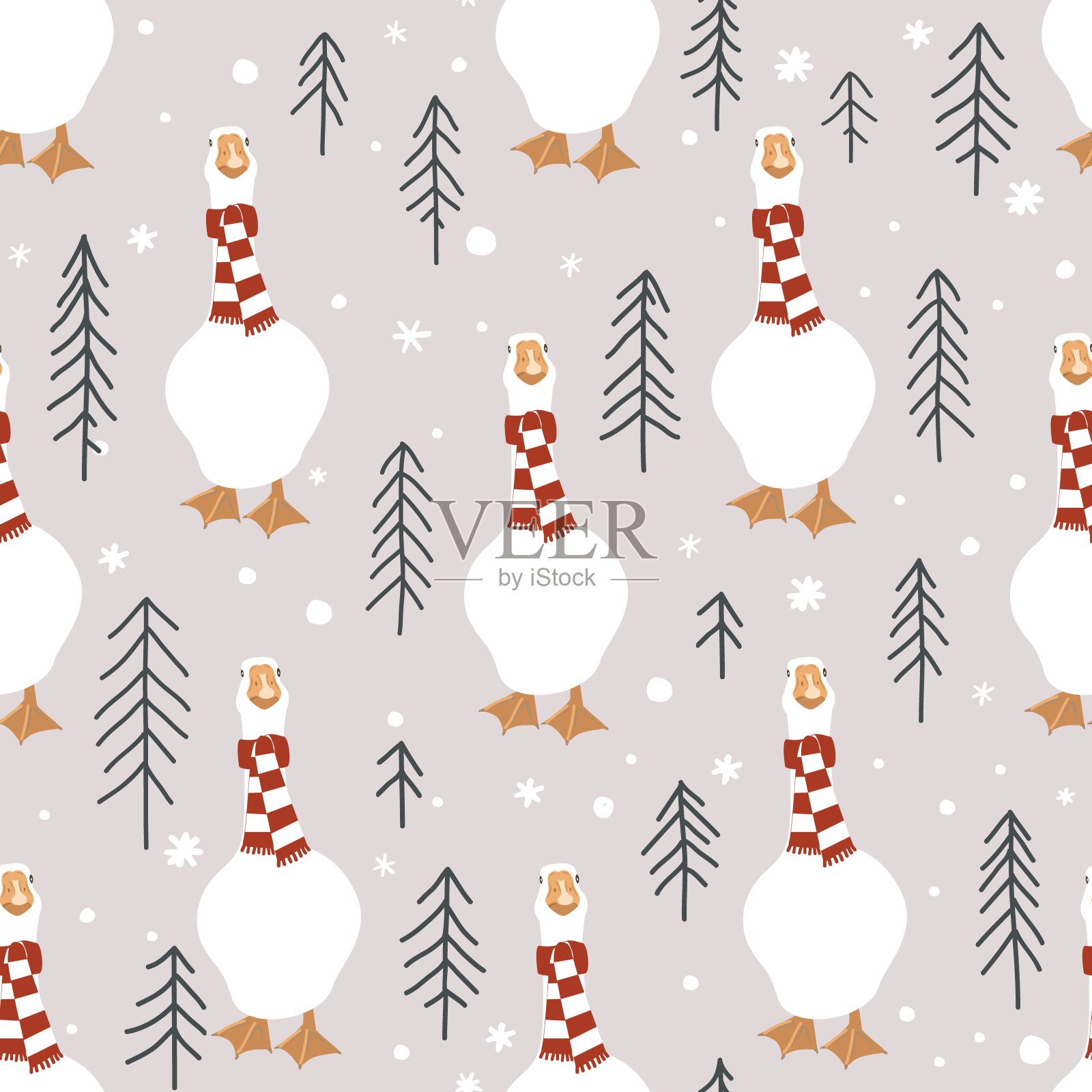 带有可爱鹅和涂鸦手绘松树的无缝冬季图案圣诞节矢量背景插画图片素材