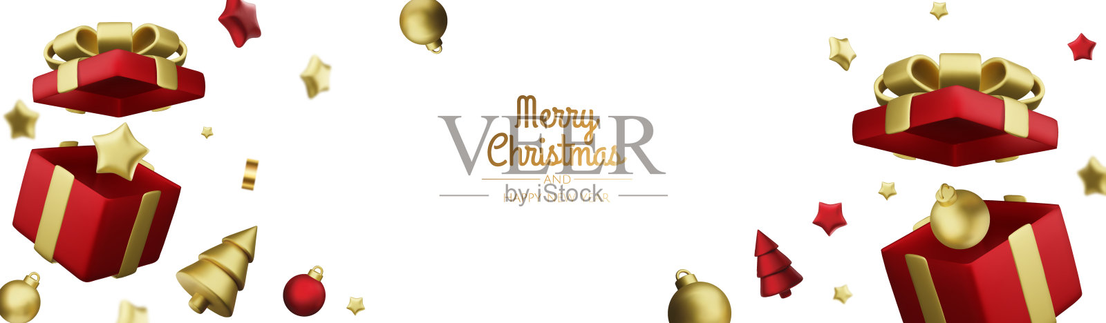 圣诞节打开礼盒模板。圣诞设计逼真的装饰物。销售横幅，惊喜海报，传单和小册子。假期的布局。插画图片素材