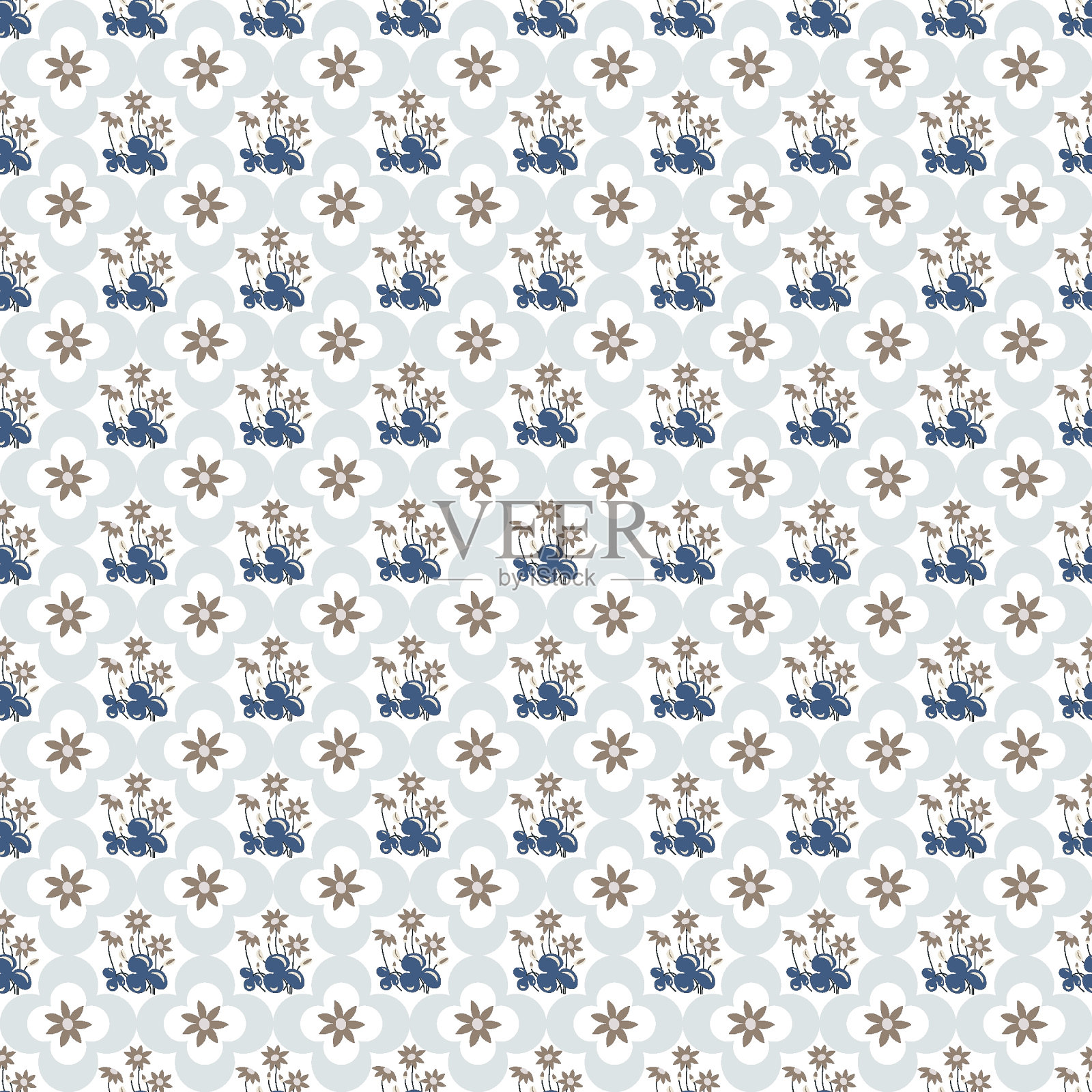 几何花卉无缝图案。铂金灰色，牛仔蓝和石墙棕色。网格或块重复布局。插画图片素材