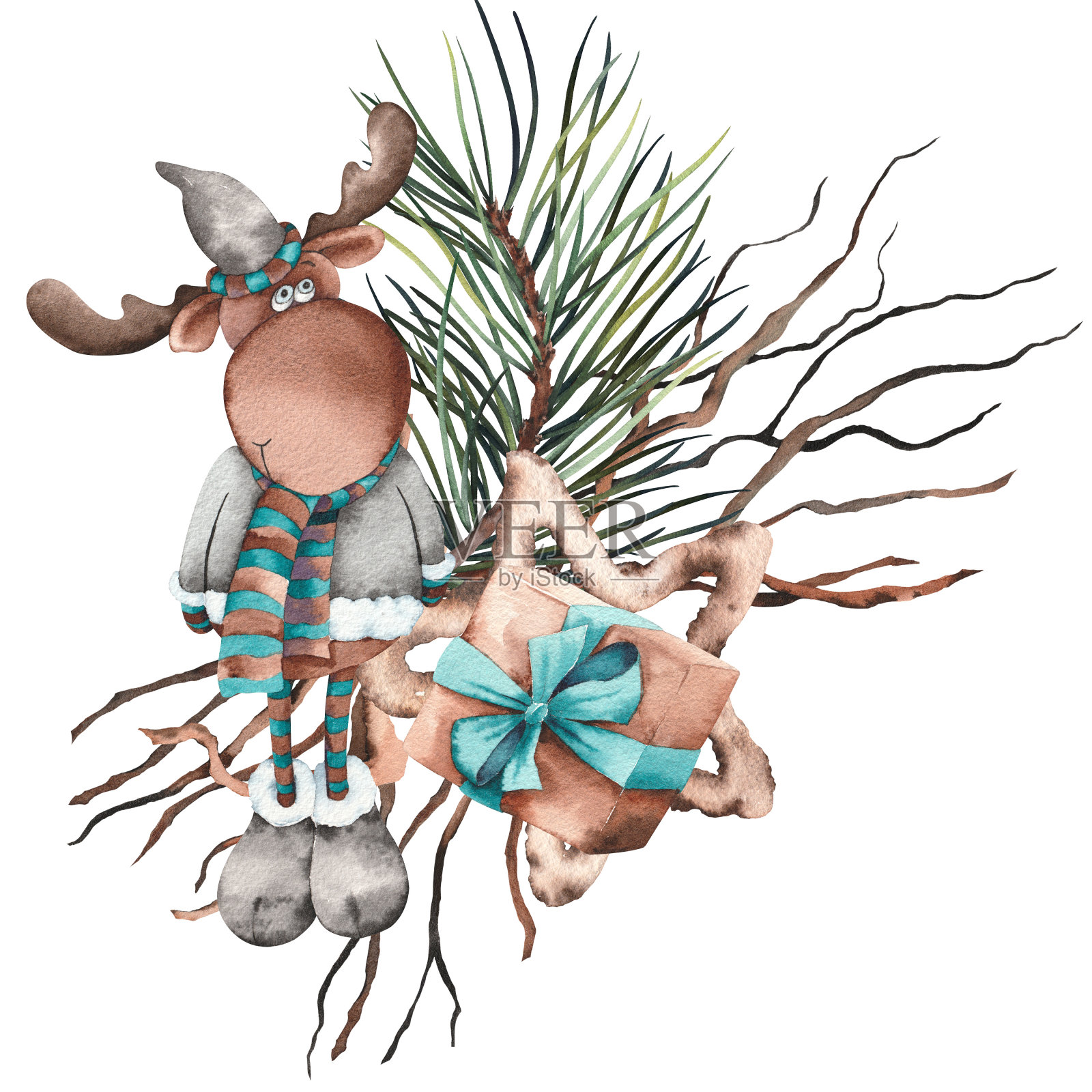 水彩圣诞卡通驼鹿和树枝。插画图片素材