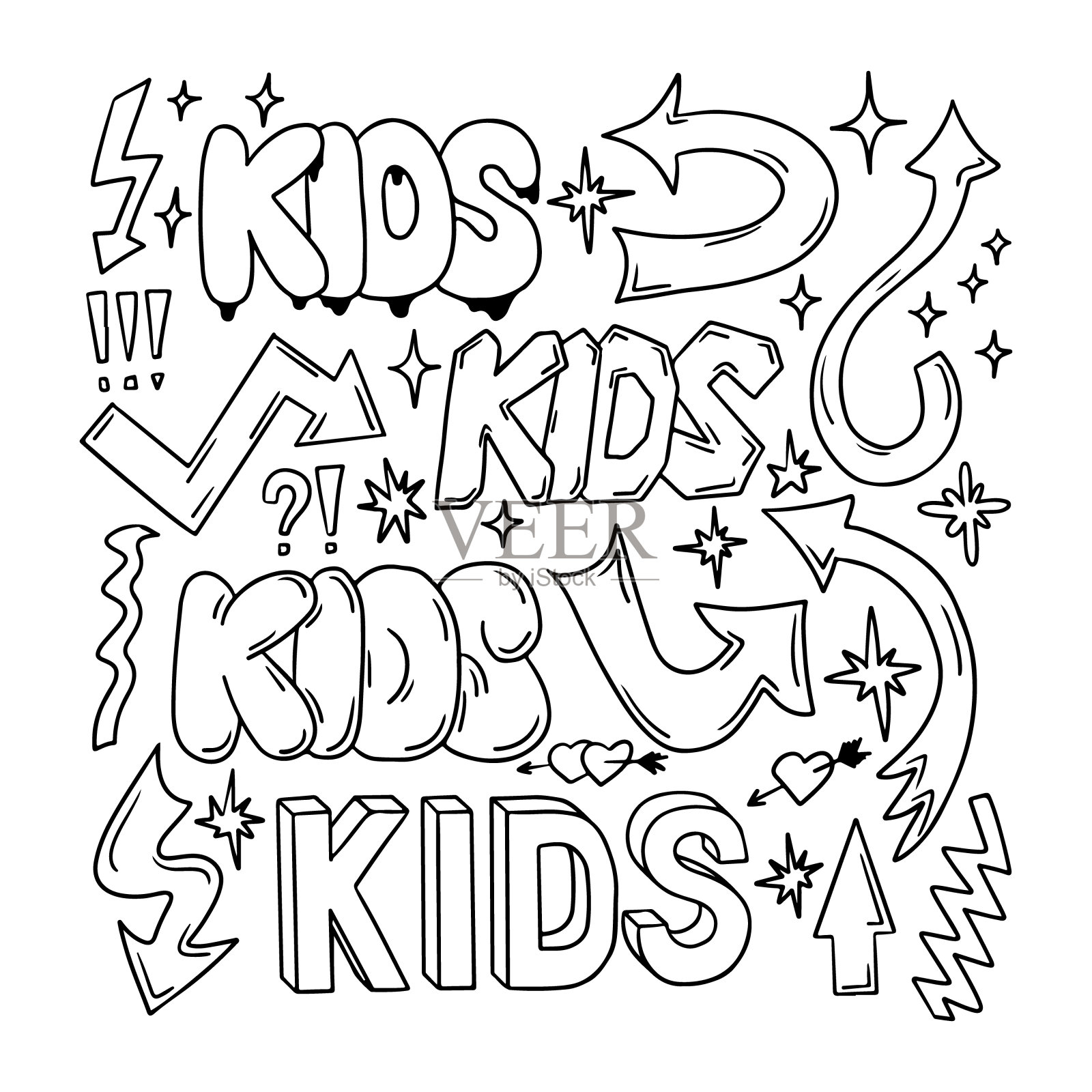 大纲涂鸦集与字的孩子和箭头插画图片素材