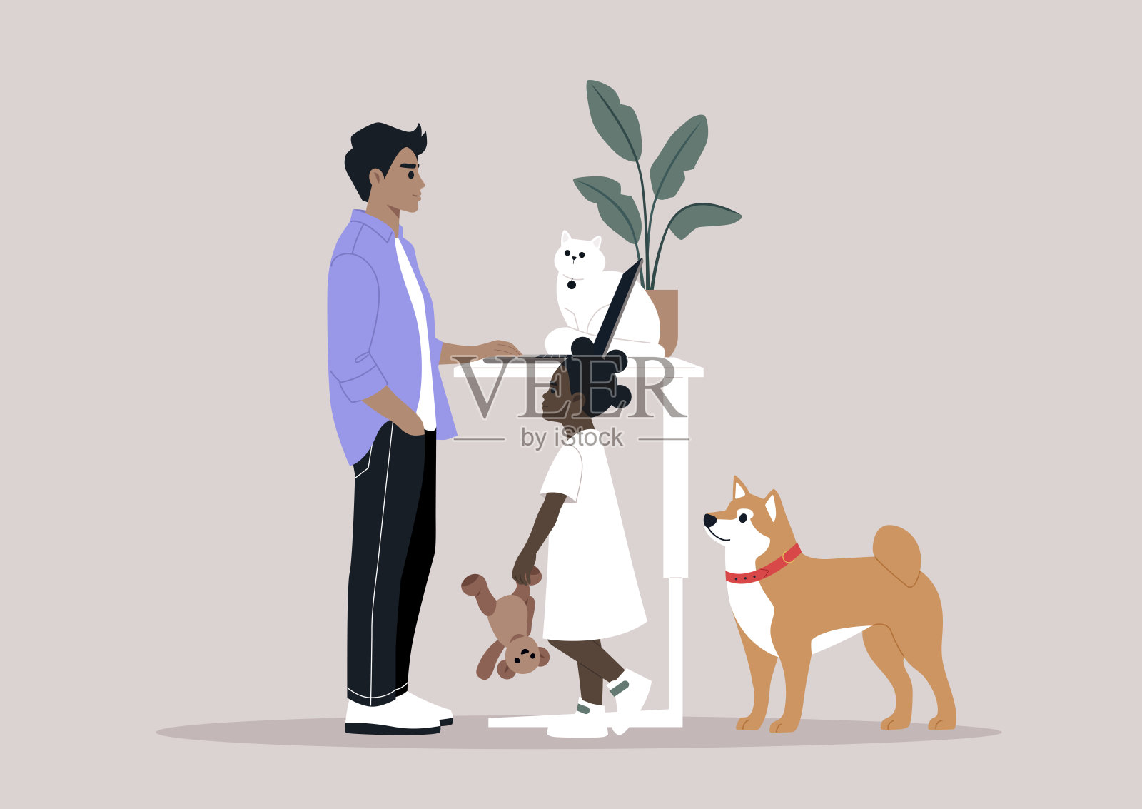 这是工作与生活平衡的写照——年轻的父母多任务处理，远程完成办公室工作，同时被孩子和宠物分散注意力插画图片素材