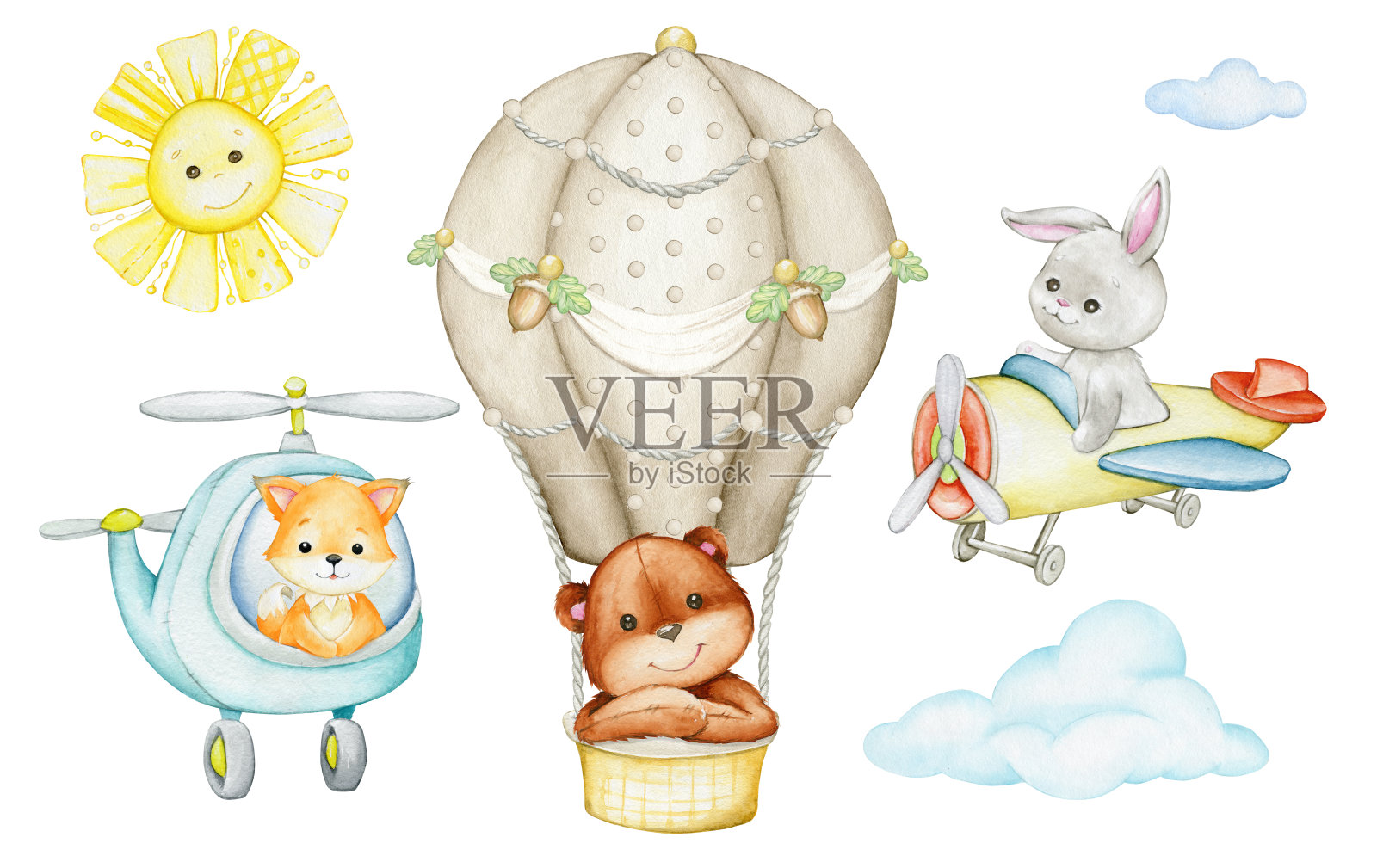 木制动物气球飞机太阳云直升机。飞机上可爱的动物。在卡通风格的水彩剪贴画，但孤立的背景。插画图片素材