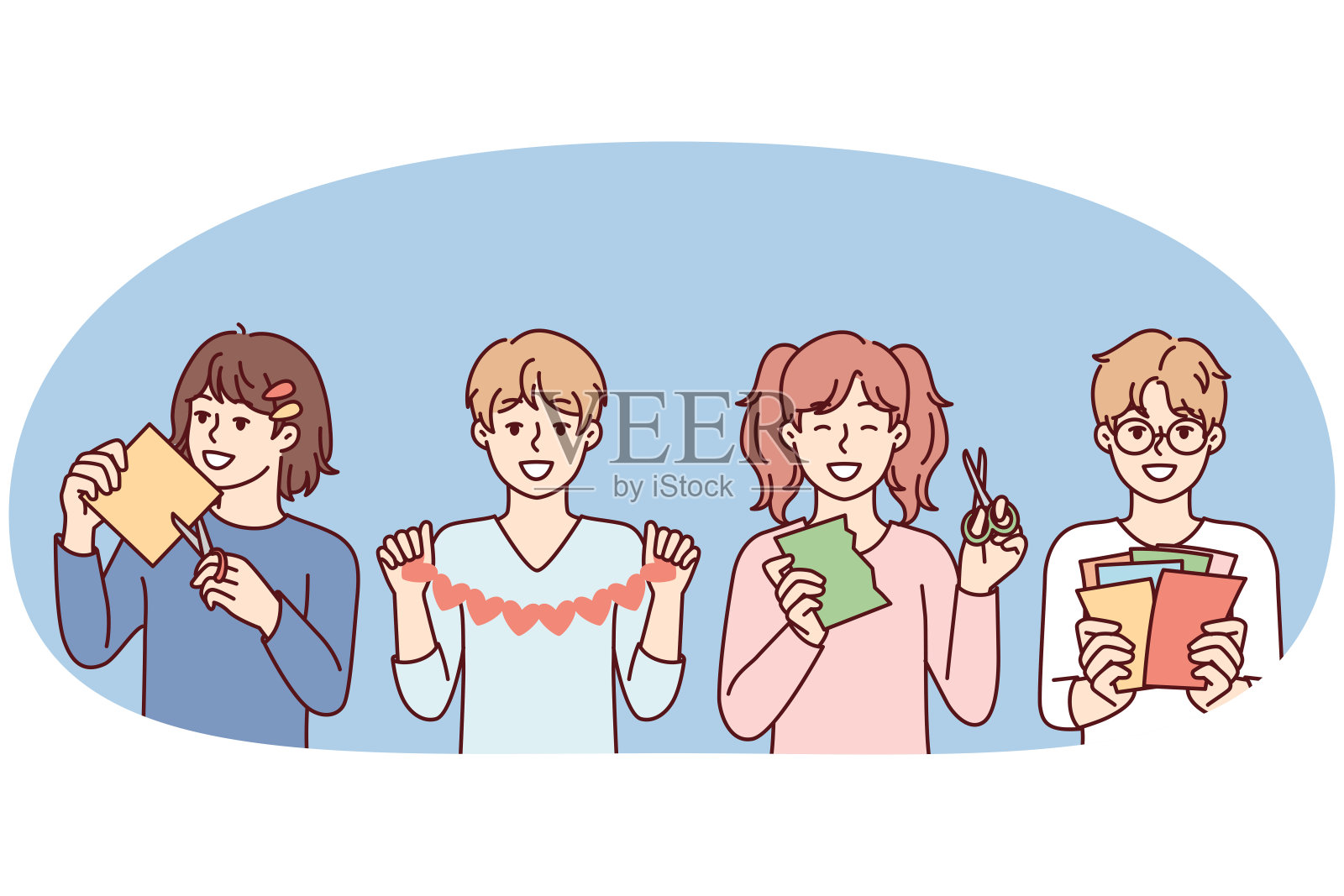 快乐的男孩和女孩用剪刀从多色纸上创建应用程序。矢量图插画图片素材