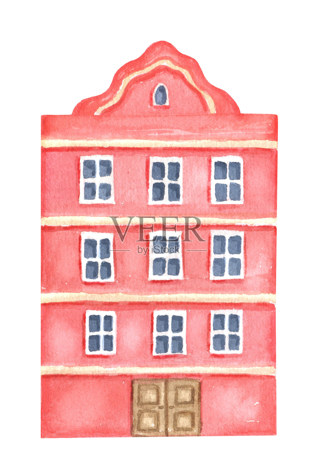 手绘水彩欧洲城市房子。手绘建筑立面隔离在白色背景上插画图片素材