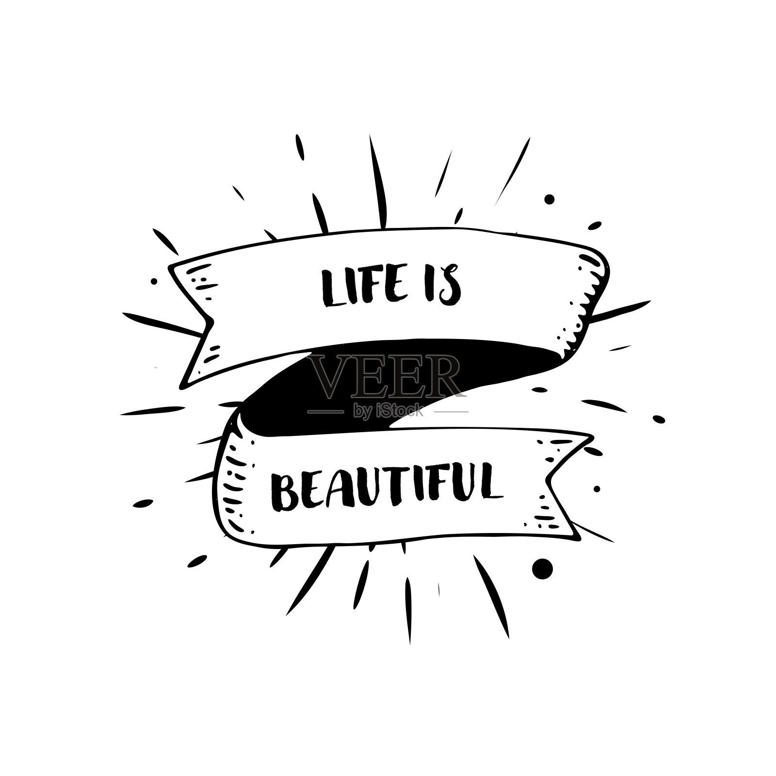 一个手绘的丝带横幅被纳入了一个太阳爆发的插图设计，以文字生活是美丽的。这个插图是基于矢量的，设置在白色背景上。插画图片素材