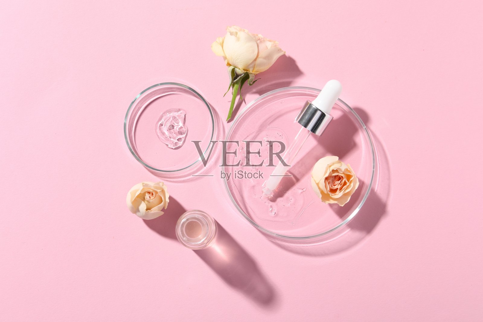 一瓶化妆品血清，花和培养皿样品粉红色的背景，平躺照片摄影图片