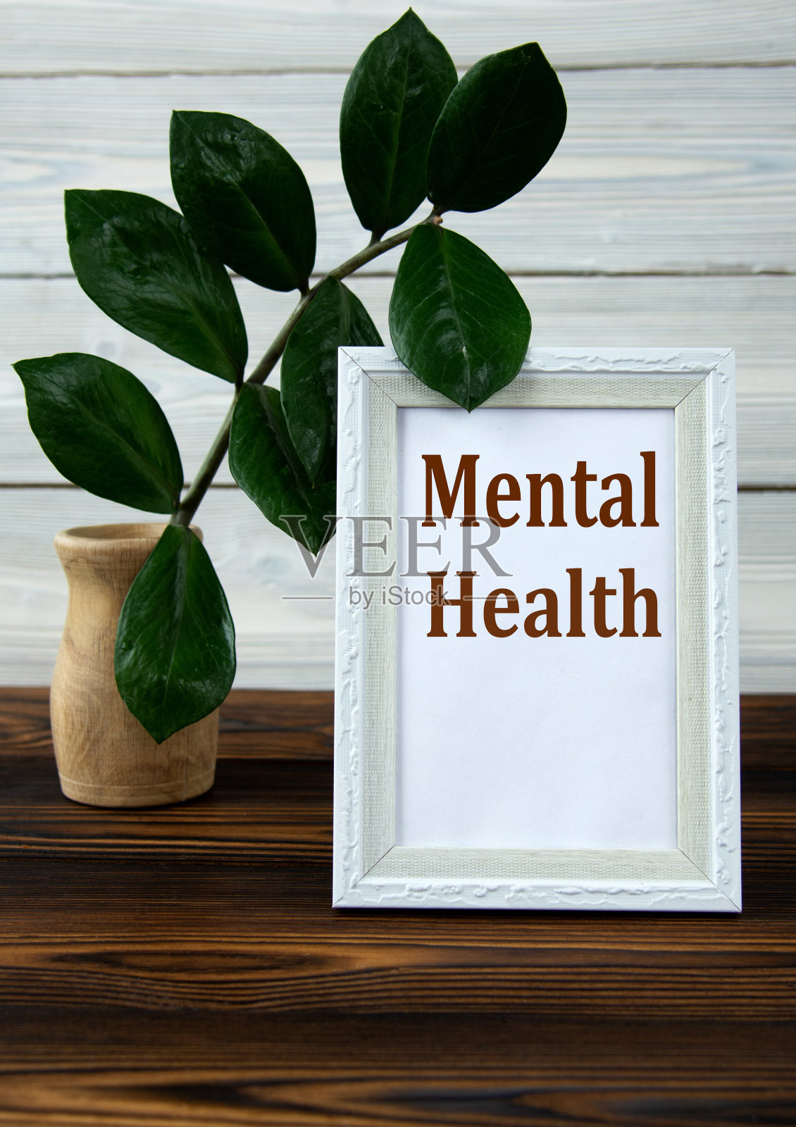 心理健康主题素材：白色画框、棕色木桌与绿色植物照片摄影图片