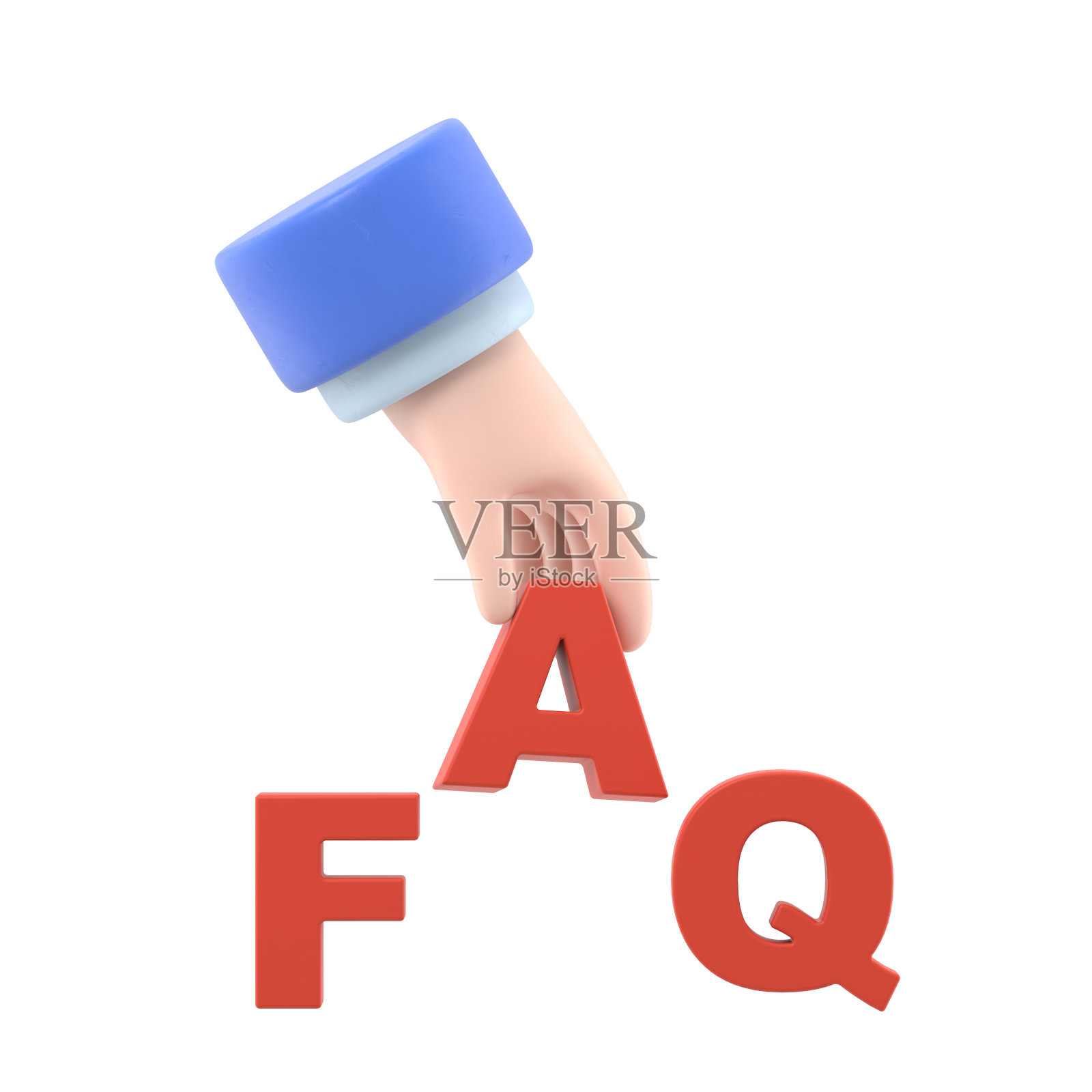 3d手和字常见问题的概念，卡通手势图标模型。3d渲染在白色背景。照片摄影图片